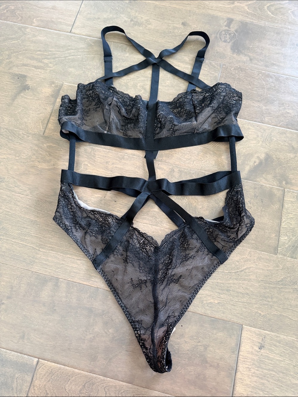 Victoria's Secret Black Lace Strappy Bodysuit